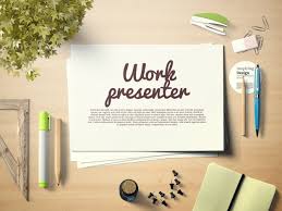 Download Work Presenter On Desktop Mock Up Cartaz De Exposicao Foto Em Branco Cartao De Visita PSD Mockup Templates