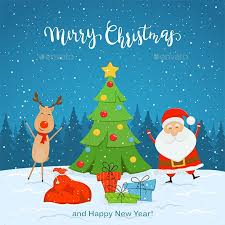 Santa Claus And Reindeer With Christmas Tree On Snowy Background Tree Illustration Merry Christmas And Happy New Year Christmas