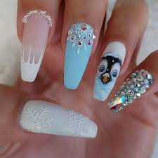 Coffin Shaped Christmas Nails Icy French Design Sugared Snowflakes Penguin Art Lots Of Rhinestone D Coffin Nails Designs Penguin Nails Winter Nails Acrylic