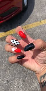 Nails Nail Designs Design Red Black White Fire Checker Coffin Love Multi Checkered Nails Cute Red Nails White Nail Designs