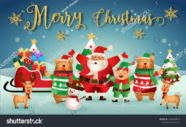Merry Christmas With Santa Claus And Friend Cute Cartoon Santa Elf Deer And Tree Christmas And New Year Background Merry Christmas Happy New Year Merry
