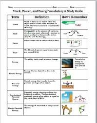 Work Power And Energy Vocabulary And Study Guide Study Guide Vocabulary Middle School Lesson Plans