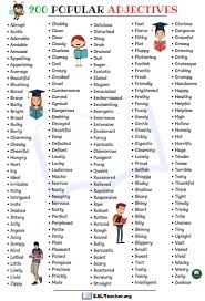 List Of Adjectives 200 Popular Adjectives In English Esl Teachers List Of Adjectives English Adjectives Descriptive Adjectives List