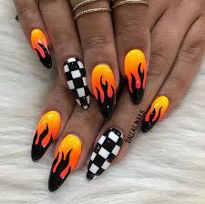 Checkered Black And White Accents With Yellow Orange And Black Racing Theme Muscle Car Nail Art Checkered Nails Fire Nails Yellow Nails