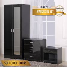 Harmin Mirrored Black High Gloss Bedroom Furniture Wardrobe Chest Bedside Bedroom Furniture Sets Bedroom Furniture Black Bedside Cabinets
