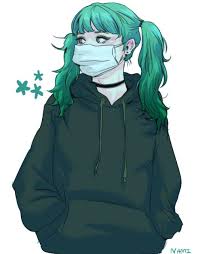 Female Green Hair Dark Green Hoodie Stars Two Ponytails Choker Mask Green Hair Dark Green Hoodie Two Ponytails