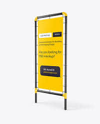 Plastic Stand W Matte Banner Mockup Right Side View In Outdoor Advertising Mockups On Yellow Images Object Mockups