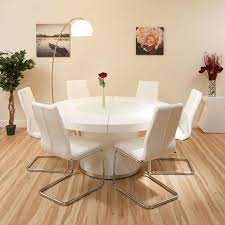 They are compact in it'll come in handy when hosting dinner parties because it can accommodate up to five chairs at a pinch. Large Round Dining Set White Gloss Table 6 White Chairs Lazy Susan Round Dining Room Round Dining Room Table Kitchen Table Settings