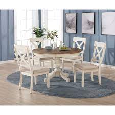 The most common kitchen table and chairs material is cotton. Prato 5 Piece Round Dining Table Set With Cross Back Chairs Antique White And Distressed Oak Overstock 30933200