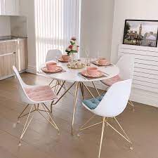 It includes a round wooden table with two metal chairs finished in white color. White Top 110cm Moda Cd1 Round Dining Table Modern Kitchen Furniture