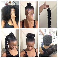 Secure the braid and tie the hair into a high pony. Naturalhairdoescare Photo Natural Hair Styles Hair Styles Curly Hair Styles