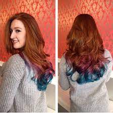 The first time i dip dyed my hair, i had it done professionally. Red Hair With Purple And Blue Curls Hair Color Red Ombre Ombre Hair