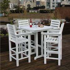 Square White Wooden Outdoor High Top Table With Four Stool Having Back And Arm On Brown Wooden Floor Patio Bar Table Patio Dining Set Patio Furniture Sets