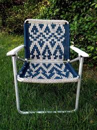 Vintage Aluminum Folding Lawn Patio Chair Macrame Webbing Blue Navajo Pattern Patterned Chair Reupholster Chair Dining Macrame Chairs