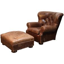 Faux leather manual swivel recliner with ottoman fabric: Ralph Lauren Leather And Mahogany Writer S Winged Club Chair And Ottoman Signed At 1stdibs