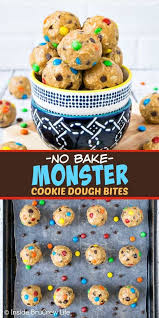 No Bake Monster Cookie Dough Bites These Healthy Peanut Butter Bites Are Loaded With Chocolate Chips A In 2020 Monster Cookie Dough Cookie Dough No Bake Cookie Dough