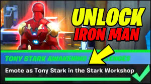 Iron man's repulsor gauntlets is a mythic item which has two different uses: How To Unlock Iron Man In Fortnite Emote As Tony Stark In The Stark Workshop Location Youtube