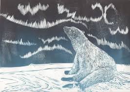 Oso Polar Y La Aurora Linograbado Estampado A Mano Escena Artica Con Northern Lights Y La Impresion De Oso Polar Polar Bear Print Linocut Polar Bear