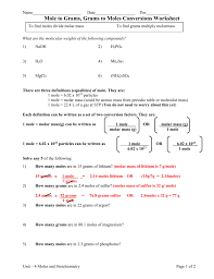 What is the mass of 1 mole (molar mass) of: Mole Conversions Worksheets Answer Key Mole Conversion Worksheet Mole Conversion Chemistry Worksheets