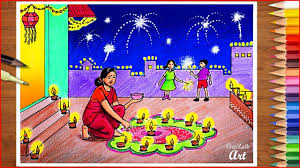 How to draw diwali festival drawing with oil pastels for beginners/kids/step by step/easy with some new scan trick to draw scenery. How To Draw Happy Diwali Scene Drawing An Indian Festival Scenery Step By Step For Beginners Youtube