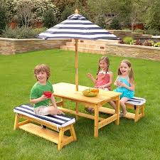 Kidkraft Outdoor Table Bench Set With Cushions Umbrella Navy White Stripes Walmart Com In 2020 Kids Outdoor Table Outdoor Tables And Chairs Table And Bench Set
