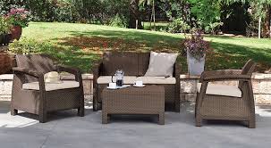 Keter Corfu 4 Piece Set All Weather Outdoor Patio Garden Furniture W Cushions Brown Backyard Furniture Rattan Garden Furniture Sets Patio Seating Sets
