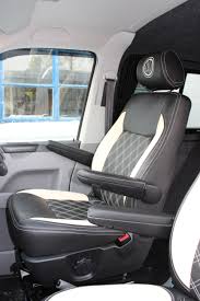 We Have Just Fitted These Gorgeous Vw T5 Captain S Chairs Re Upholstered In Black And Cream Leather With Bentley St Vw Bus Interior Bus Interior Campervan Life