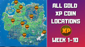 Epic changed the fortnite battle pass in chapter 2 to unify tiers and there are xp coins near all of the major landmarks, so you can grab a few while you rotate to your next destination. All 8 Gold Xp Coins Locations In Fortnite Week 1 9 Good As Gold Punch Card Youtube