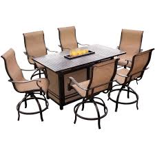 Hanover Monaco 7 Piece Aluminum Outdoor High Dining Set With Rectangular Firepit Table And Contoured Sling Swivel Chairs Mondn7pcfp Br Fire Pit Table Set Outdoor Dining Set Fire Pit Dining Set