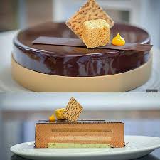 Outside And Inside The Entremet Manjari Chocolate Mousse Peach Jelly Valrhona Almond Praline Cremeux And Almond Cake Photo By Alexayerphotography Valrhona Almond Cakes Peach Jelly Entremet Chocolate