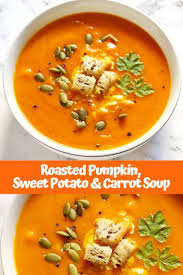This Creamy Roasted Pumpkin Sweet Potato And Carrot Soup Is Easy Comforting And Full Of Sweet Potato Soup Recipes Sweet Potato Soup Pumpkin Sweet Potato Soup