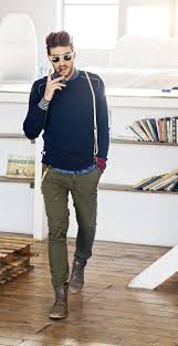 Olive Green Chino With Suspenders Braces And Navy Crew With Shirt Under Layer Mens Outfits Men Casual Men Looks