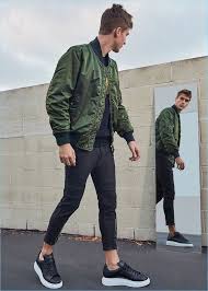 Cool Spring Outfit Idea With Olive Bomber Jacket Outerwear Bomberjackets Jackets Mensfashion Menswe Sneakers Outfit Men Bomber Jacket Outfit Mens Outfits
