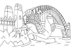 Spider Man Far From Home With Sydney Harbour Bridge Background Coloring Page Coloring Pages Spiderman Coloring Spiderman