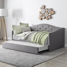 The bed has elegant style. Corliving Fairfield Grey Tufted Fabric Trundle Twin Single Day Bed Bbt 160 S The Home Depot