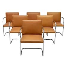 Vintage Tan Leather Mies Van Der Rohe Brno For Knoll Armchairs Set Of 6 Chairish Tan Leather Armchair Side Chairs Armchair Sets