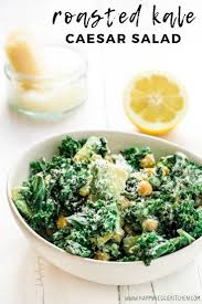 Roasted Kale Caesar Salad With Chickpeas Avocado Recipe Roasted Kale Salad Kale Salad Kale Caesar Salad