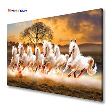 Mpro Tech Uv Print White Seven Running Horses Painting For Home And Office Vastu Size 90 X 60 Cm Abstract Horse Art Horse Wallpaper Seven Horses Painting