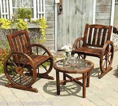 Classical Wagon Wheel Wooden 3 Piece Bistro Set Table Chairs Wooden Patio Furniture Outdoor Patio Furniture Sets Rustic Outdoor Furniture