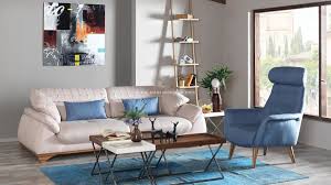 Crose Mavi Bej Keten Koltuk Takimi Home Decor Furniture Sectional Couch
