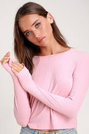 Hollis Light Pink Ribbed Long Sleeve Crop Top Long Sleeve Crop Top Light Pink Tops Crop Tops