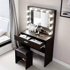 Usvsu Vanity Set With Lighted Mirror Makeup Dressing Table 12 Led Flexible Bulbs 1 Dressing Table Vanity Vanity Table Set Walnut And White Bedroom Furniture