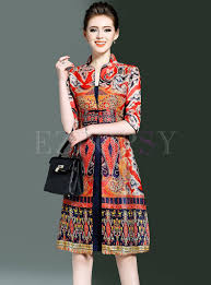 Retro Floral Print Stand Collar Skater Dress Batik Dress Modern Ikat Dress Model Dress Batik