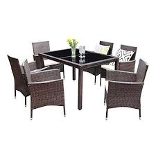 Wisteria Lane Outdoor Wicker Dining Set 7 Piece Patio Dinning Table Brown Wicker Furniture Seating Beige Cushions Lavorist Wicker Dining Set Dining Furniture Sets Wicker Patio Furniture Sets