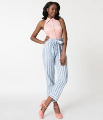 Light Blue White Striped High Waisted Cotton Pants Primavera Estate Moda Primavera Moda