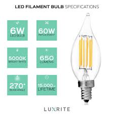 Luxrite E12 Led Filament Bulb 6w 5000k Bright White 650 Lumens 60w Led Candelabra Bulb Flame Tip Ul Listed E12 Candelabra B Filament Bulb Candelabra Bulbs Bulb