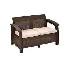 Keter Corfu Brown All Weather Resin Patio Loveseat With Tan Cushions 214770 The Home Depot Love Seat Plastic Patio Furniture Outdoor Loveseat