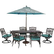 Cambridge Seasons 7 Piece Patio Outdoor Dining Set With Blue Cushions And Table Umbrella And Stand Seasdn7pcsw B Su The Home Depot Patio Dining Set Patio Umbrella Outdoor Dining Set