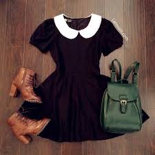 Very Cute Black Dress With A White Peter Pan Collar Green Backpack And Brown Heeled Ankle Boots This Would Be A Cute 50s Outfits Little Black Dress Fashion A guide outfit templates, fashion drawing for clothing designers, volume.1:
