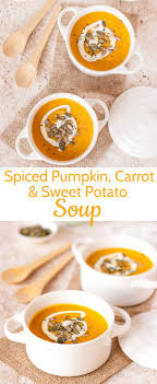 Spiced Pumpkin Carrot And Sweet Potato Soup Is Full Of Delicious Fall Flavours And Perfect If You Celeb Sweet Potato Soup Spiced Pumpkin Soup Pumpkin Recipes